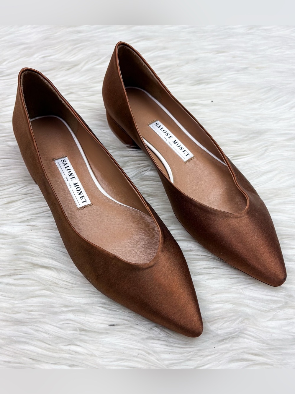 Salone Monet Silk Satin Pointed Toe Flats Low Heels Copper Brown Tan Womens 6